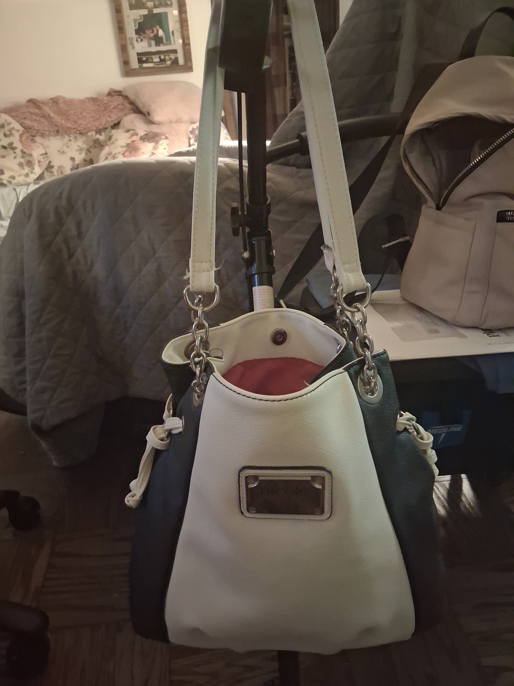 Nicole Miller Black and White Chain-Accent Hobo Bag